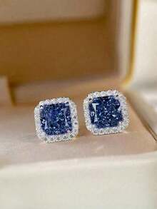 1 Pair Elegant Cubic Zirconia Stud Earrings For Women For Wedding Engagement Anniversary Party Jewelry Valentine's Day Gift, Jewelry Accessories - 銀藍色 - 查看 6