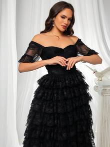 VIPGIRL Elegant Black Long Mesh Off-Shoulder High Slit Party Dress - Black - View 6