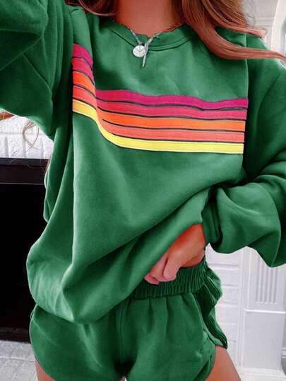 Women 2 Piece Sweatshirt And Shorts Set Striped Long Sleeve Pullover And Dolphin Shorts Casual Fall Clothes