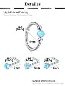 Nose Rings Set 18G Opal Hoops L-Shaped Studs For Women Men Hypoallergenic 316L Steel Piercing Jewelry Septum Ring, Cartilage Earring