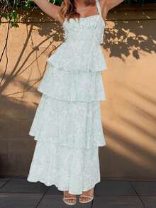 Women's Summer Long Cami Dress Sleeveless Open Back Tiered Flower Print Beach Dress - Turquesa - Ver 5