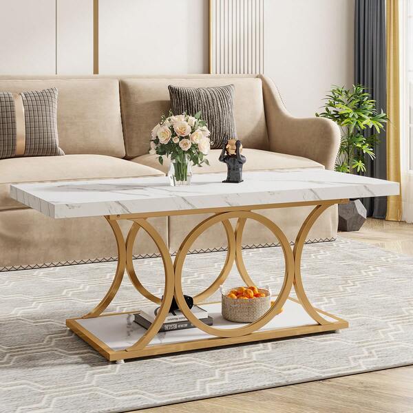 LITTLE TREE Modern Coffee Table, 47.24-Inch White Faux Marble Coffee Table Tea Table With Gold Geometric Legs, Center Table With 2-Tier Storage Shelf Living Room Furniture, Home Decor(White & Gold)