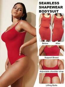 1pc Women Seamless Shaping Bodysuit With Thong Bottom, Slimming Bodyshaper Tummy Control Flat Belly Sheath Jumpsuit Shapewear Waist Trainer Shaper - 紅色 - 查看 2