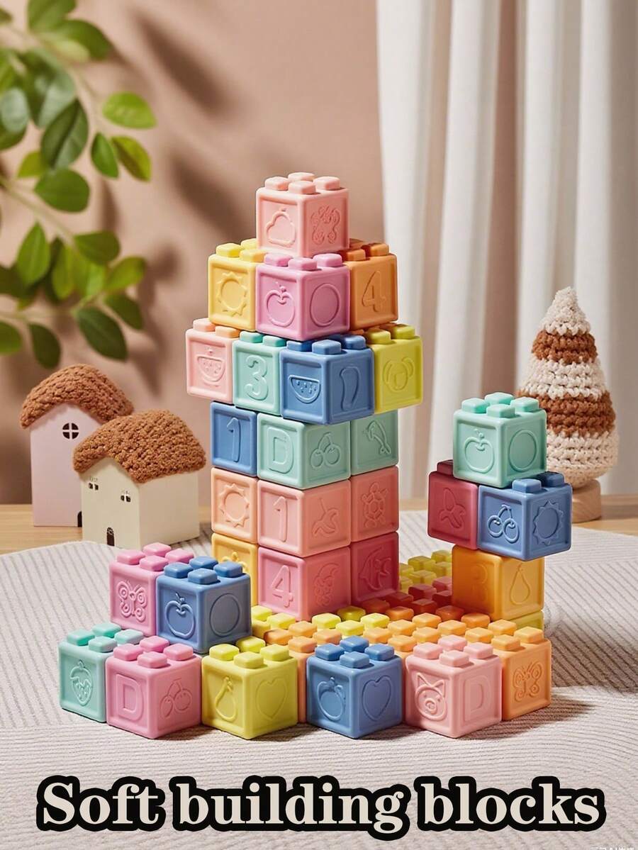 婴儿积木，幼儿叠叠乐玩具，8/16/24/32 片装软质益智积木 - 数字、形状、颜色、动物 - 推压式 - 适合 6 个月以上宝宝，1-3 岁，颜色随机，适合开学季、万圣节、圣诞节等各种场合