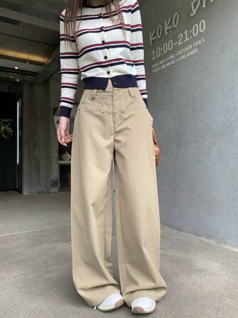 New Women Autumn Casual Straight Leg Pants, Retro Versatile Wide Leg Trousers