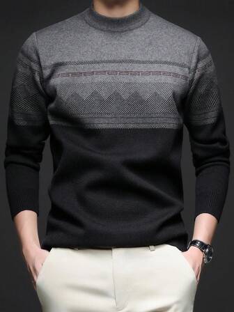 Men's Thick Round Neck Sweater, Business Casual Jacquard Knit Long Sleeve Top, Suitable For Layering Or Outerwear, Plaid & Striped Pattern, Autumn/Winter
