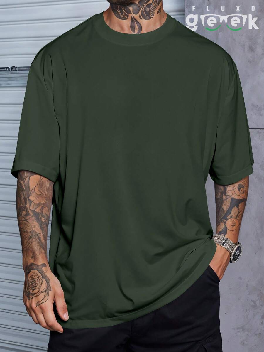 Premium Plain Streetwear Oversized Gym T-Shirt, 100% Cotton, Workout - Verde militar - Ver 1