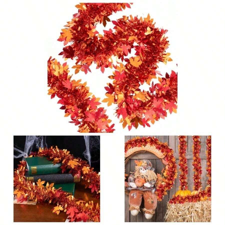 33Ft Thanksgiving Tinsel Garland, Maple Leaf Metallic Twist Foil Tinsel Garland Shiny Hanging Garland Autumn Thanksgiving Halloween Party Indoor Outdoor Decoration