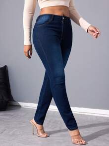 Women's Fall Winter  Slim Fit Pants Long Skinny Denim Jeans With Pockets And Zipper For Everyday Casual Style - Dark Wash - View 4
