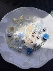 25pcs/Set Shiny Girl Style Hollow Out Clogs Charms Set - Butterfly, Flower & Pearl Decor, Hollow Out Clogs Accessories - Blue Butterfly Set-25pcs - View 3
