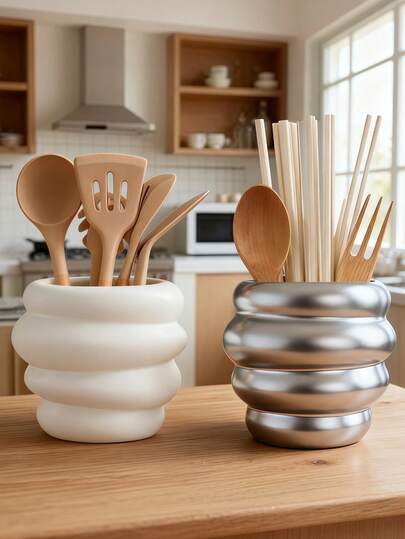 1pc/Set Bohemian Style Kitchen Utensil Storage Rack, Cute Wavy Countertop Canister, Fashionable Space-Saving Kitchen Organizer Container, Durable Decorative Vessel, Perfect For Modern Kitchen Storage And Stylish Display