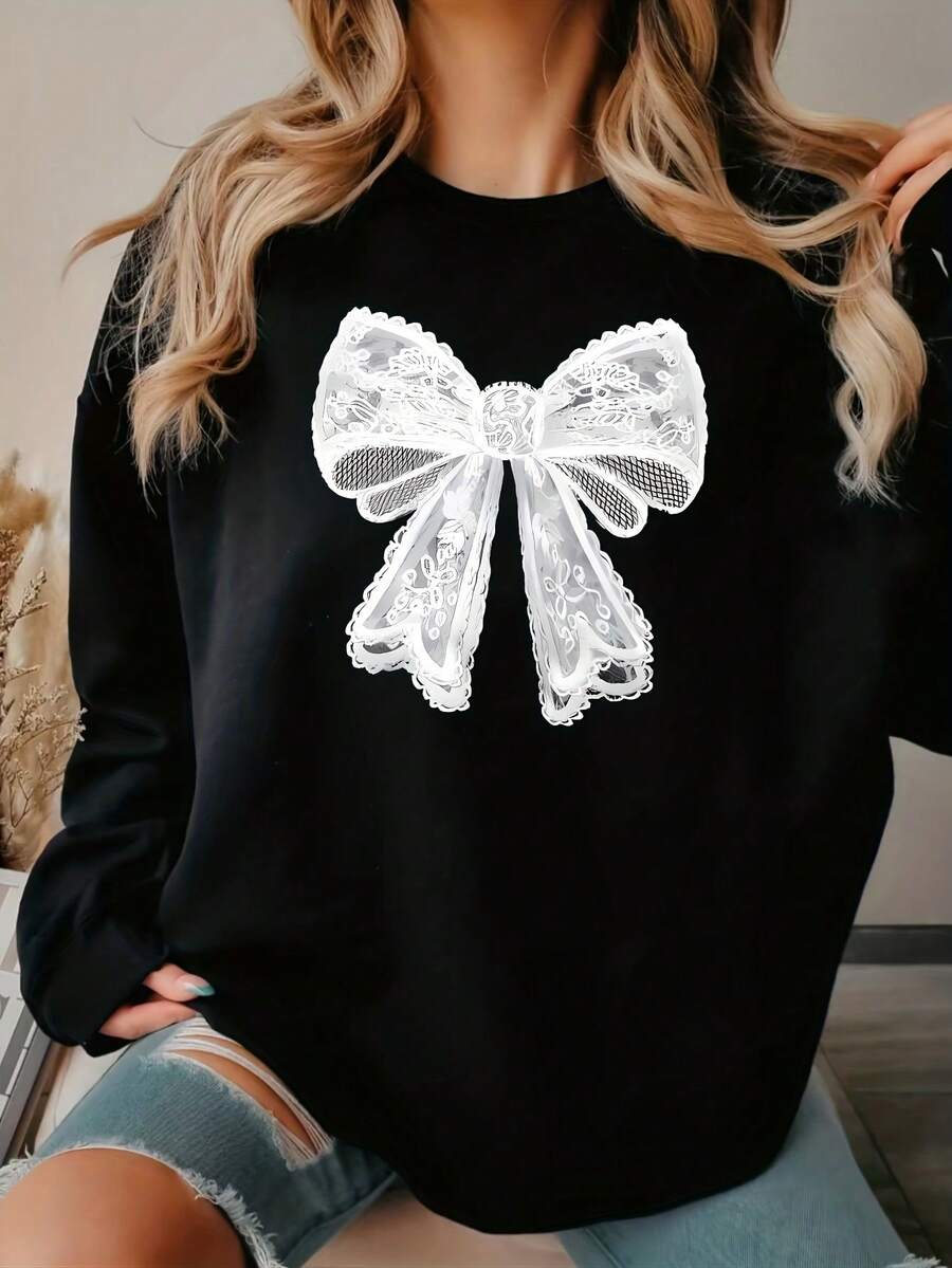 Sudadera casual de poliéster con cuello redondo para mujer con estampado de lazo de mariposa, jersey de punto de manga larga para primavera/otoño, 220 g/m² - Negro - Ver 1