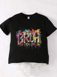 男童休闲简约标语印花圆领短袖T恤，新款夏季男童服装 - 黑色 - 查看 2