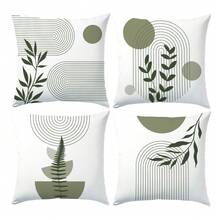 Set 4 buah Sarung Bantal Minimalis Abstrak Garis Hijau Daun Pola Geometris, Bahan Beludru Peach Cetak Satu Sisi, Ukuran 45*45/50*50/40*40CM, Cocok untuk Dekorasi Ruang Tamu Sofa Minimalis Modern, Hadiah, Dekorasi Pesta - MultiWarna - View 12