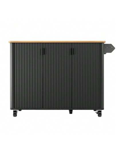 Kitchen Isl Wood Grain Dining Cart, Buffet, 130x45(75)X92cm, Rolling Trolley Towel Holder, Spice Rack, Adjustable Dividers, Doors, White/Black view 10