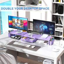 Soporte elevador para monitor dual, organizador de escritorio con cajón y 2 portaplumas, organizadores de escritorio y accesorios, decoración de oficina morada (morado) - blanco - Ver 4