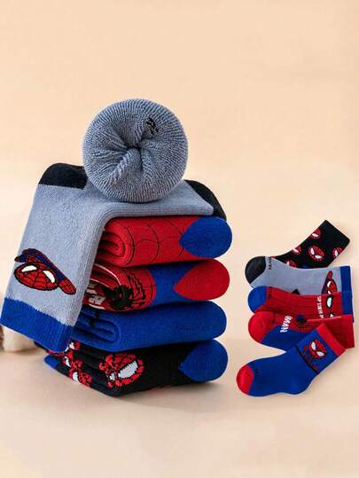 Marvel 5 Paar Kinder Superheld dicke warme Handtuchsocken, Mädchen Kniestrümpfe, Jungen Cartoon Wintersocken, atmungsaktive Baby/Schüler Socken