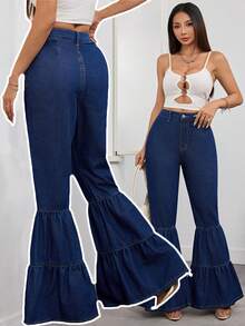 Flared Jeans With Layered Ruffle Hem Design, Elegant Casual Summer Women's Wear, Fashionable Retro Street Style, OL Commute Long Denim Pants - Dark Wash - View 11