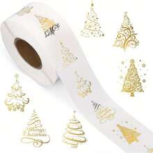 1 Rollo/500 piezas Rollo de Pegatinas Doradas de Navidad - Diseños elegantes de árbol de Navidad y adornos para tarjetas de felicitación navideñas, envoltorios de regalo y sobres, 6 patrones, fondo transparente, material de papel, Pegatinas Navideñas