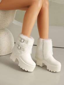 时尚厚底防水人造毛皮靴，女士侧拉链中筒靴，厚底圣诞踝靴 - 白色 - 查看 4