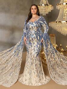 Plus Size Women's Elegant Heart-Shaped Neckline Formal Evening Gown, With Extra Long Dramatic Sleeves, Fishtail Hem, And Shaping Silhouette, Suitable For Black Tie Galas, Red Carpet Events, Opera Nights, Awards Ceremonies, Charity Balls And More - Blue - View 5