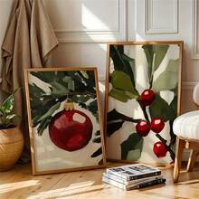 1 pièce/2 pièces canevas d'art imprimée avec sapin de Noël et baies rouges - Style vintage, décoration de vacances chaleureuse pour la maison et le bureau, parfaite pour le salon, la chambre, la salle de bain ou le restaurant, décorations de Noël, idéal comme cadeau de Noël. Cadre en option - Multicolore - Voir 2