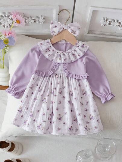 2pcs/Set Spring & Autumn Long Sleeve Baby Girl Dress And Headband, Fashionable Cute Casual Princess Newborn Dress