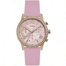 Guess Ceas de damă cu cuarț cu cadran roz și cristale multifuncționale, model solar, W1135L2, cu calendar lunar și săptămânal, accesorii pentru femei, potrivit pentru petreceri zilnice, decor vestimentar, cadou elegant pentru femei