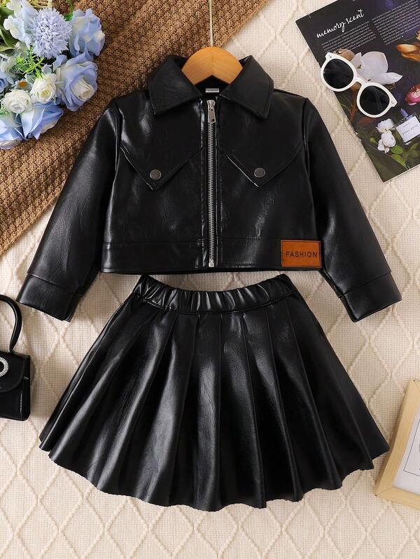 2pcs/Set Young Girls Spring/Autumn Fashion Pu Jacket & Skirt Suit, Streetwear Leather Skirt Set For Young Girl