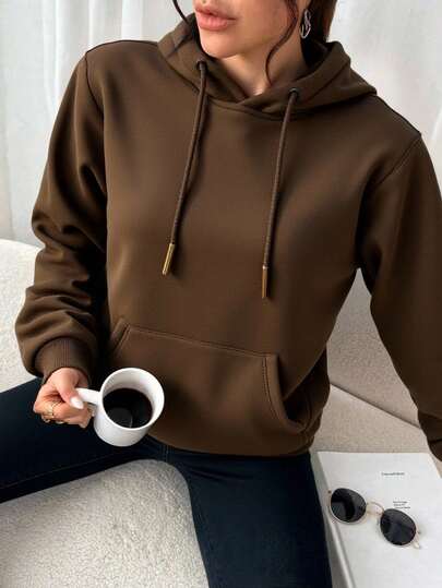 RED MARINE Sudadera de dama capucha unicolor con bolsillo de canguro