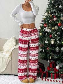 优雅条纹圣诞女装，秋冬服饰，圣诞鹿毛绒球抽绳圣诞睡衣，保暖内衬裤 - 紅色 - 查看 3