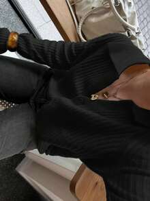 Senya 女士秋冬新款芥末黄翻领纽扣长袖针织开衫，竖条纹休闲宽松套头毛衣，日常通勤针织外套 黑色 - 黑色 - 查看 2