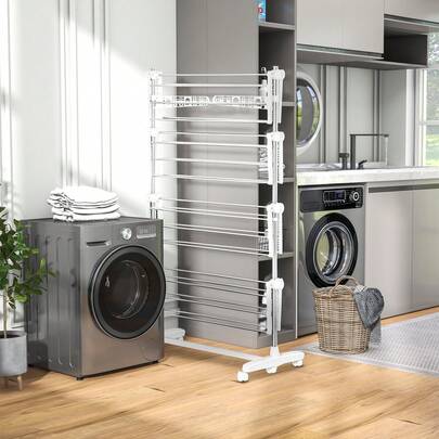  HOMCOM 4-Tier Foldable Clothes Drying Rack, Stainless Steel Laundry Rack With 2 Side Wings And 6 Castors, Collapsible Adjustable Clothes Airer For Indoor Outdoor, White