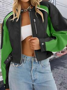 Womens Bomber Jacket Cropped Zip Up Color Block Fall Casual Moto Biker Coat - 綠色 - 查看 1