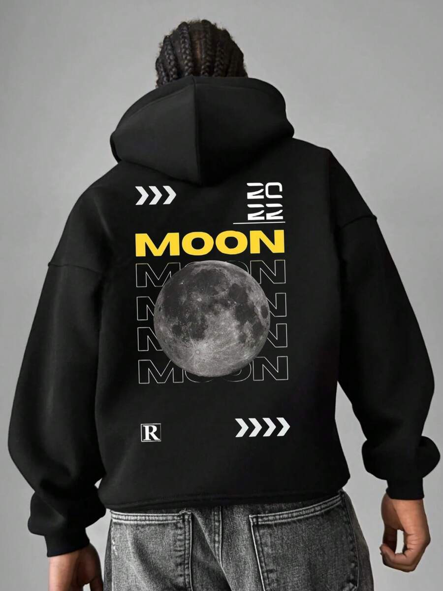 Men's Fashionable Thermal-Lined Moon & Star Print Hoodie Sweatshirt, Fall/Winter