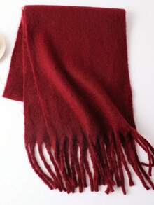 1pc Solid Color Scarf, Winter Warm Neck, Thickened Wool Knitted Thick Fringed Shawl, Winter Scarf For Dress,Beach,Holiday,Travel Essential,Holiday - Burgundy - View 5