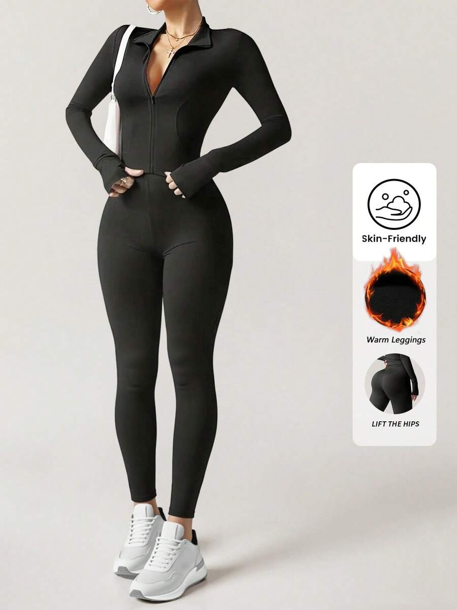 Yefecy 1Pc Women's Solid Color Fleece Lined Tracksuit, Long Sleeve & Pants Slim Fit Sports Outfit, Stretchy Warm Activewear For Daily Workout