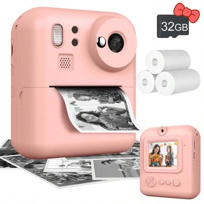 儿童数码相机，配备2.4英寸液晶显示屏、1300mAh长效电池、即时照片打印功能、趣味相框和滤镜 - 内含3卷胶卷，是男孩女孩生日派对的理想礼物，操作简便，非常适合世界杯、情人节、新年等节日。生日派对必备。