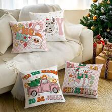 4 Stücke Cartoon Weihnachten Schachbrettmuster bedruckter Kissenbezug Set