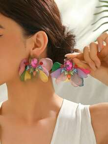 1 Pair Bohemian Style Colorful Fabric Flower Shaped Exaggerated Earrings, Inlaid With Faux Gems, Large Size Stud Earrings For Women, Suitable For Parties, Galas, Beach Vacations, Fashion Jewelry