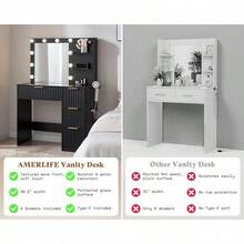 36.2" Fluted Vanity Desk With Mirror And Adjustable LED Lights, Large Makeup Vanity With 4 Drawers, Glass Top And Charging Station For Bedroom Or Dorm, Women And Girls, Black - 查看 5