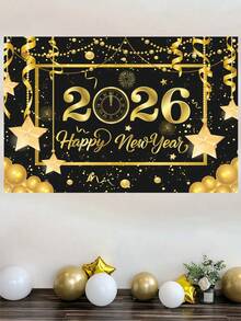 1件2026新年快乐派对背景布，星金图案涤纶背景布，2026新年庆祝派对装饰，家居装饰，房间装饰，墙饰，花园旗帜，新年悬挂装饰，新年礼物，2026新年装饰品 - 新年黑金D款 - 查看 7