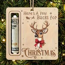 木制圣诞树硬币收纳盒 - 圣诞老人雪橇和驯鹿节日装饰，采用“送几美元”设计，雪花图案和挂绳，适用于圣诞礼物、小礼物填充物、节日家居装饰、季节性装饰品、有趣的节日布置，由木质材料制成，专为送礼者设计 - 彩色 - 查看 4