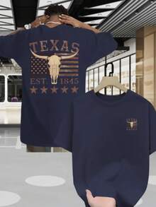 Men's Streetwear T-Shirt Country Rodeo Texas Cotton Round Neck - 藏蓝色 - 查看 2