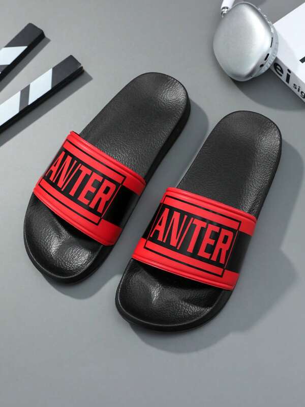 Men's Slippers, Letter Printed Design, Black & Red Soft EVA Flat Non-Slip House Slippers, Indoor & Outdoor Unisex Slippers, Super Comfortable Non-Slip Durable Men's Casual Slippers, Suitable For Daily, Leisure, And Holiday Wear