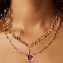 New One Stroke Through Heart Couple's Pendant Suit Love Inlaid Clavicle Chain Valentine's Day Necklace - 金色劍+銀色愛心(粉紅鑽) - 查看 2