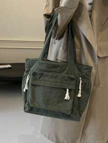 Corduroy Solid Color Tote Bag, Large Capacity, New Design Shoulder Bag Large Tote Bag Shopping Bag Canvas Tote Bag Travel Bags Laptop Bag - Multicolor - View 10