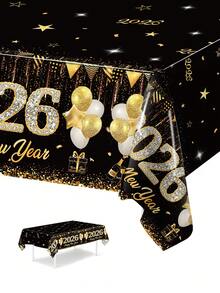 1pc Black Golden New Year Tablecloth, Happy New Year 2026 Celebration Table Cover,Fireworks Balloon Diamond Pattern Disposable Plastic Tablecloth For New Year Party Decor,Kitchen Dining Room Table Decor,Indoor/Outdoor Decor,New Year Eve Event Party Supplies,Perfect For New Year Photo Booth Party Background Decoration Party Decorations Supplies Home Decor,New Year's Eve Decoration