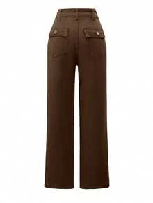 Celana Jeans Wanita Ukuran Besar Model Lurus dengan Kantong, Kasual Sehari-hari Serbaguna, Pinggang Sedang, Pinggang Elastis, Model Mom Jeans Musim Semi dan Gugur - Coffee Brown - View 5