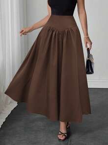 Elegant Women's A-Line Skirt, Suitable For Dates, Student Wear, Daily Travel, Versatile, Casual, Beach And Other Occasions. Elegant And Casual Women's A-Line Skirt, Solid Color, Waist-Shaping, Pleated Design, Woven Fabric, Available In Multiple Colors, Suitable For Outings And Can Also Be Worn As Loungewear. - Mocha Brown - View 8